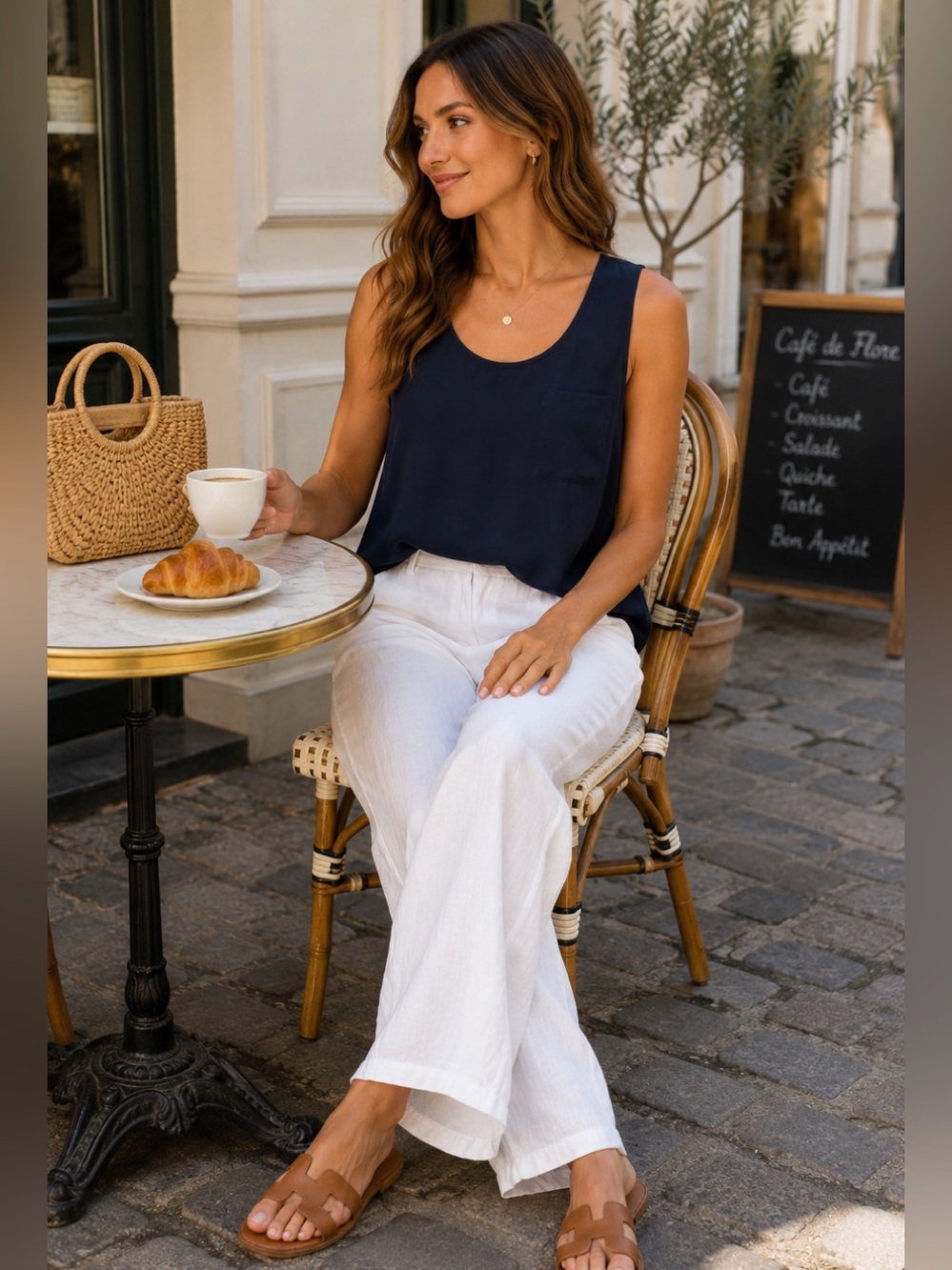 Jaqueline‎ de Yong Navy Chiffon Tank Blouse Semi Sheer Minimalist Pocket Top M